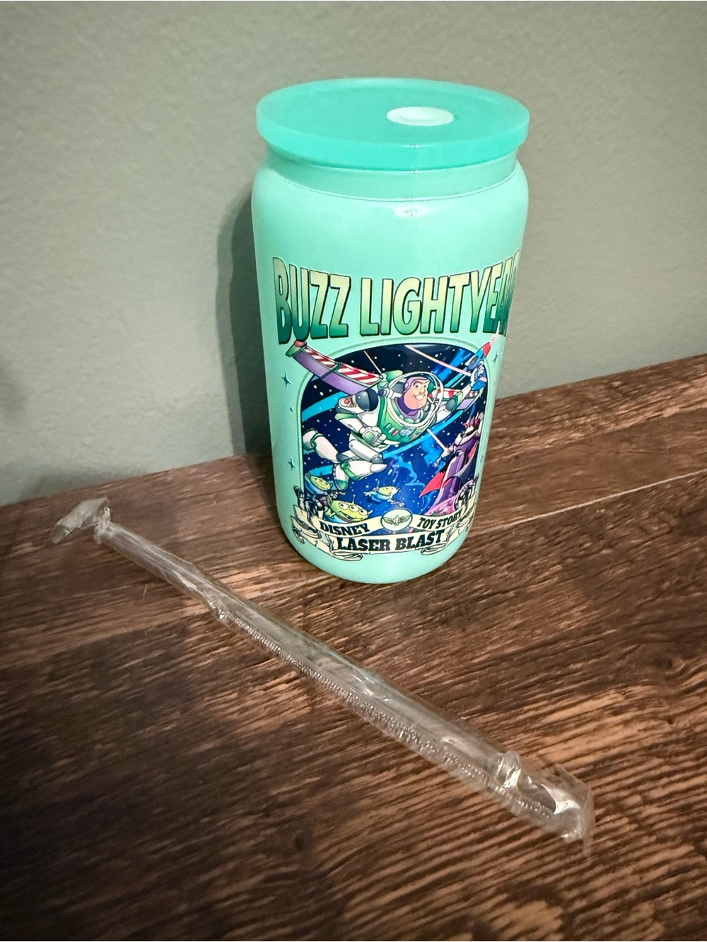 Disney Buzz Lightyear Mint Green GLASS can tumbler w/straw